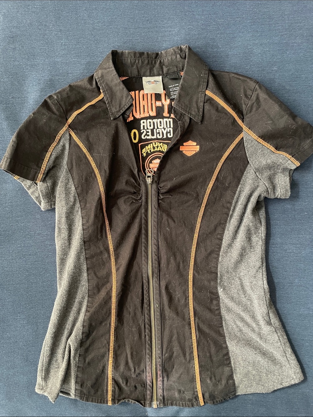 Harley-Davidson Black & Gray Zip-Up Short Sleeve Shirt with Orange Stitching